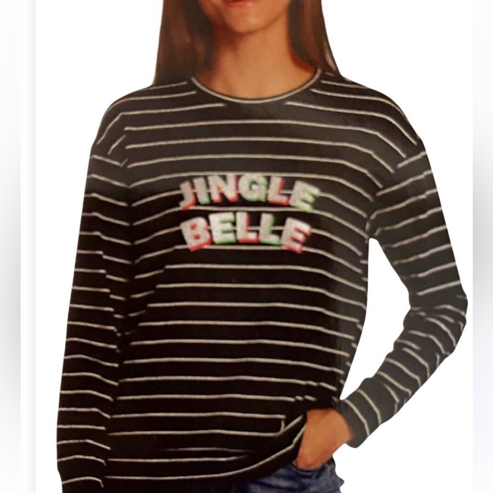 ELLEN TRACY JINGLE BELLE CHRISTMAS LONG SLEEVE CREW NECK TOP BLACK WHITE SIZE S